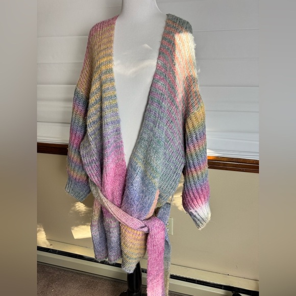 Rare LoveShackFancy Brady Shawl Pastel Rainbow Oversized Knit Cardigan Belted - Picture 3 of 8